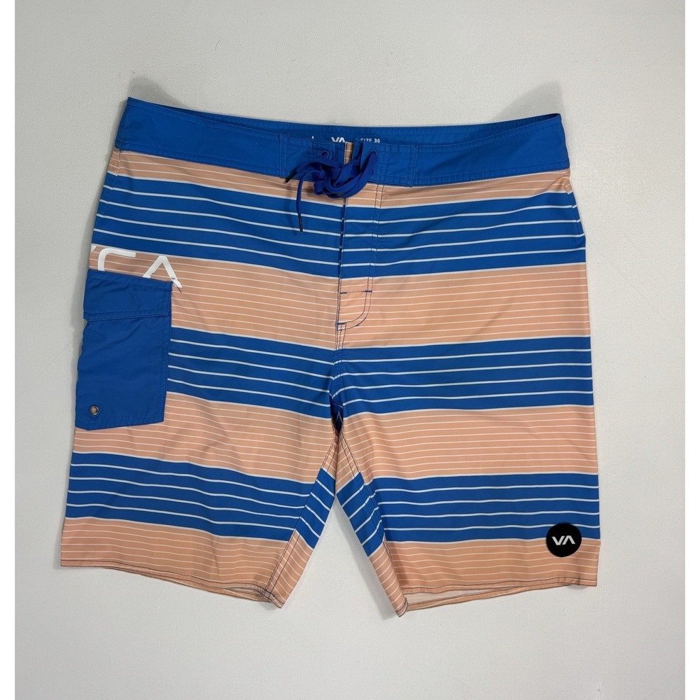 RVCA Men's 36x11 Board Shorts Swim Trunks Pocket Vacation Blue Peach Striped